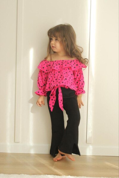 Asortik Kids Bluză cu detalii florale pentru fete și pantaloni cu model picio...