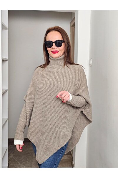 Felix Butik FELİX14524 Boğazlı Vizon Asimetrik Triko Panço