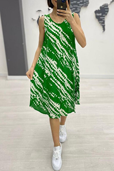 AYASOFYA OTANTIK Women's Green White Patterned Sleeveless Midi Dress