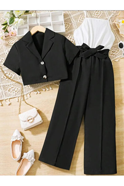 kendii modamm Kız Çocuk Şık ceket Pantolon Takımı – Kuşaklı Yüksek Bel – 6-16...