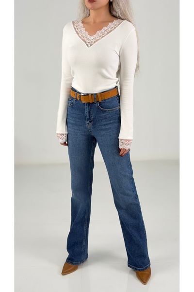 KAROL Mavi Yüksek Bel Düz Paça Kadın Jean Pantolon