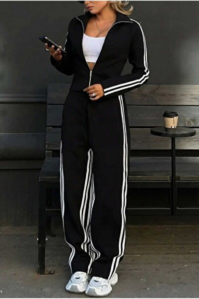 JANES Kadın Uzun Kollu Önden Fermuarlı Viskon İki İplik Kısa Bluz ve Pantolon...