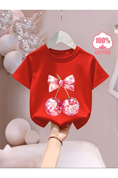 oneagılyazı تي شيرت COCUK بأكمام قصيرة للفتيات مع طباعة "كرز كرتوني مرح ولطيف...