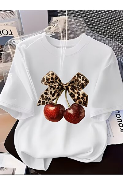 oneagılyazı Kadın Leopar Desenli Fiyonklu ve Kiraz Tasarımlı Şık Baskılı Tişört,