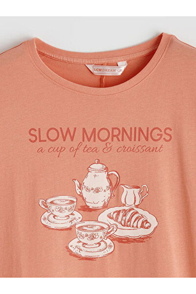 LC Waikiki LCW DREAM Coral okrugla kragna Štampano Ženska noćna haljina