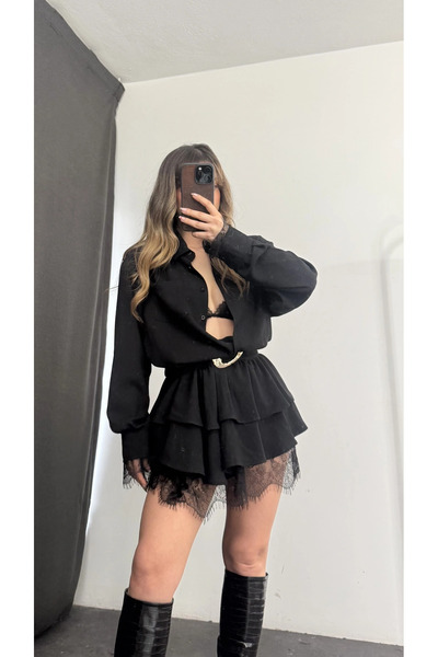 Butik Black Lace Detailed Belted Shirt Collar Dress