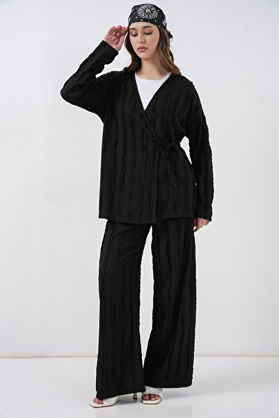 Hiccup Bdart Textured V-Neck Kimono and Wide-Leg Pants Set with Tie Detail