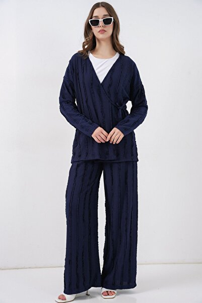 Hiccup Bdart Textured V-Neck Kimono and Wide-Leg Pants Set with Tie Detail