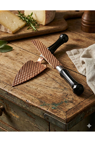 ozbience Kristal Saplı Bakır Dövme Desenli Lüks Pasta Bıçağı ve Spatula Seti