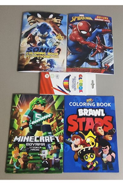 ada çanta kırtasiye 4 adet stickerli karakter figürlü boyama kitabı ve 12'li ...
