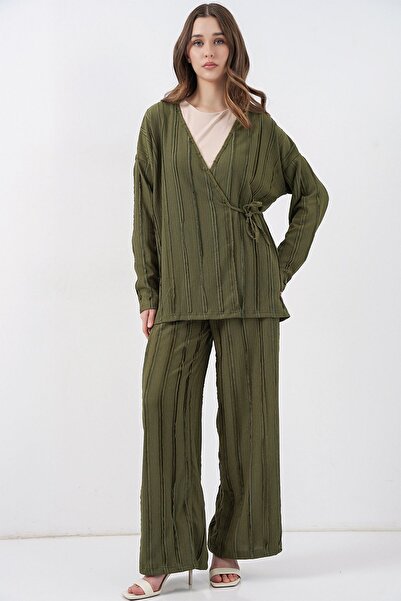 Hiccup Bdart Textured V-Neck Kimono and Wide-Leg Pants Set with Tie Detail
