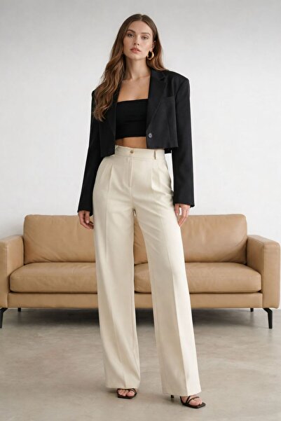 ROVELLA kadın yüksek bel geniş paça kumaş palazzo pantolon