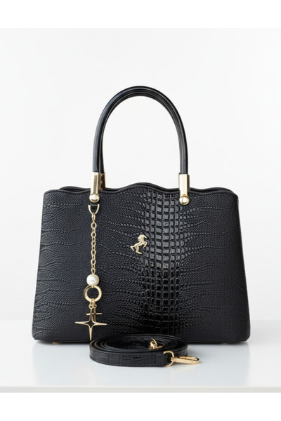 Çanta Trend Miami Polo Clup Black Faux Leather Women's Shoulder Bag with Shou...