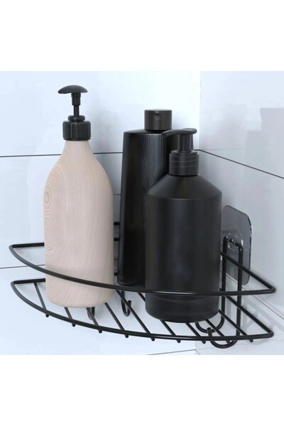 Greathings Самозалепващ се ъглов рафт за баня с кукички, държач за шампоан за...