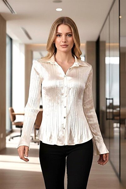 MODANI SEÇ Ekru Saten Piliseli Uzun Kollu Gömlek