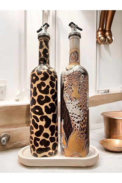 ozbience Leopar Desenli Zeytinyağı ve Sıvıyağ Seti, Şişe, Yağlık, Sirkelik ve...