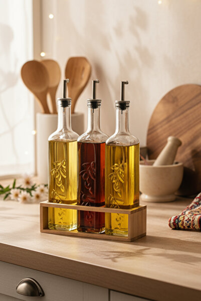 ozbience Şık 3'lü Ahşap Katlı Cam Yağ ve Sirke Şişesi Seti 500ml