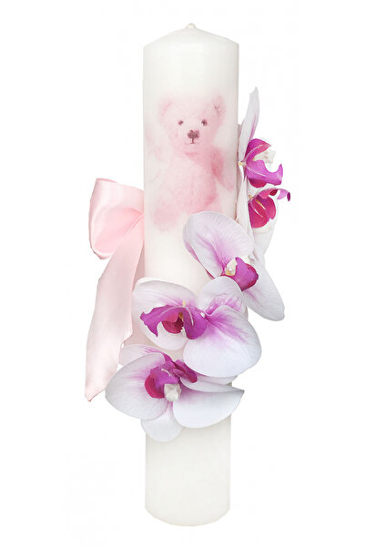 Eventissimi Lumanare botez mica cu orhidee si print cu ursulet (Roz)