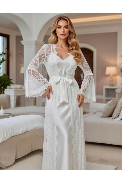 bigmama Women's Black Satin Nightgown and Robe Set with Lace, Dowry Set, Long...