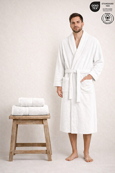 Ellaline Men's Bathrobe 100% Cotton Certified 3-Piece Shawl Collar White Bath...