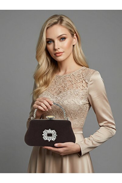 MidStore Brown Z.A.R.A. Satin Crystal Stone Embroidered Chain Women's Evening...