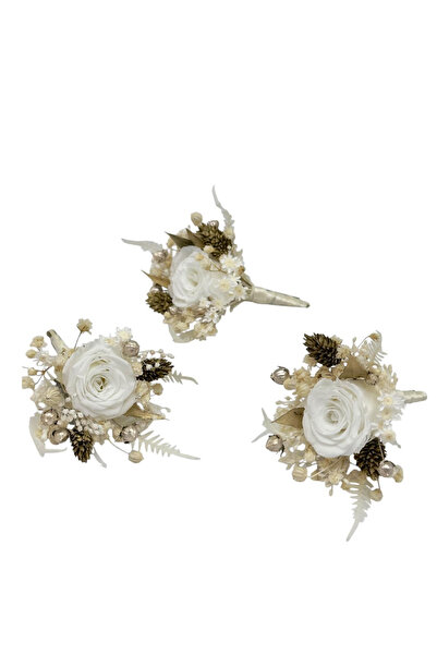 Eventissimi Set 3 Cocarde cu miniroze si flori naturale uscate alb-auriu