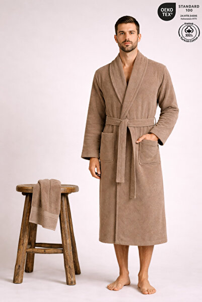 Ellaline Men's Bathrobe 100% Cotton Certified 2-Piece Shawl Stripe Beige Bath...