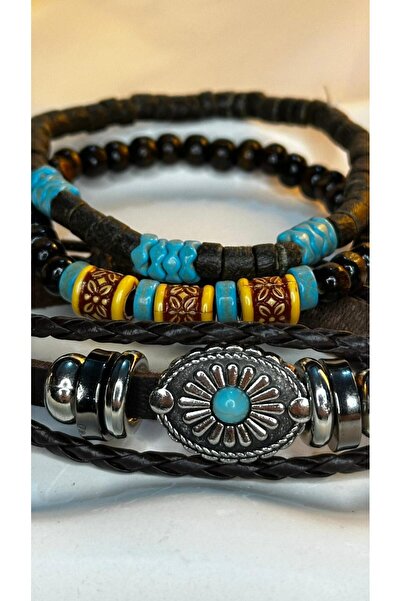 Ferdali 3-Piece Combination of Knitted Leather and Beaded Men's Bracelets for...