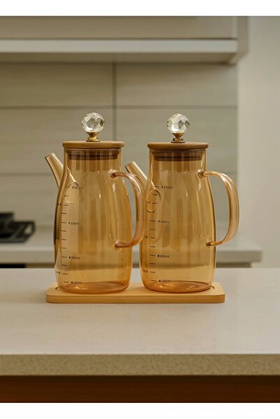 ozbience Bambu Altlıklı Kristal Taşlı Borosilikat Cam Yağlık ve Sirkelik 650ml
