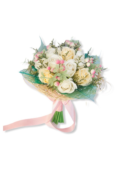 Eventissimi Flower Bouquet - 17 Roses and Fossilized Leaves, White/Cream