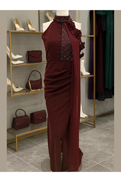 Nice Model فستان سهرة طويل رسمي بفتحة رقبة على شكل هالتر مزين بالترتر، ملابس ...