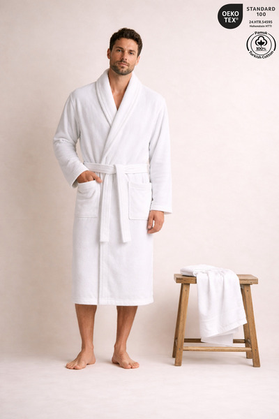 Ellaline Men's Bathrobe 100% Cotton Certified 2-Piece Shawl Collar White Bath...