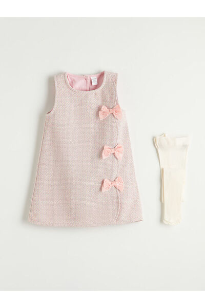 LC Waikiki مجموعة إلسيفا فستان وسروال داخلي من التويد باللون الوردي للفتيات