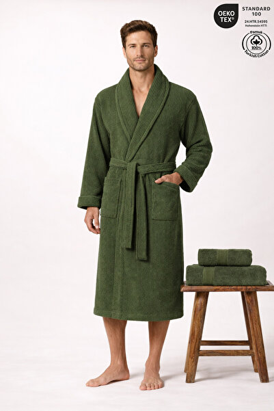 Ellaline Men's Bathrobe 100% Cotton Certified 3-Piece Shawl Collar Striped Da...