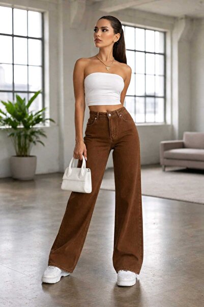 NWC Nova Lycra Loose Women's Brown Super High Waist Loose Leg Denim Jeans