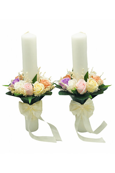 Eventissimi Set Lumanari nunta / botez, 40 cm, multicolor, trandafiri din sapun