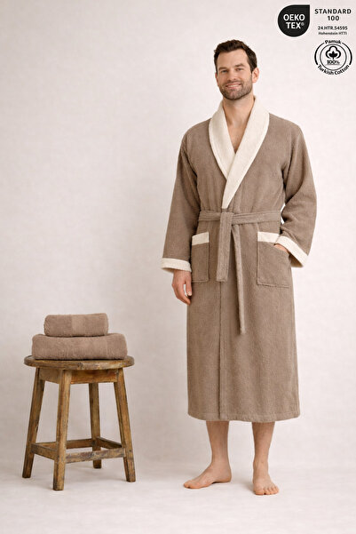 Ellaline Men's Contrast Bathrobe 100% Cotton Certified Şalyaka 3 Piece, Strip...