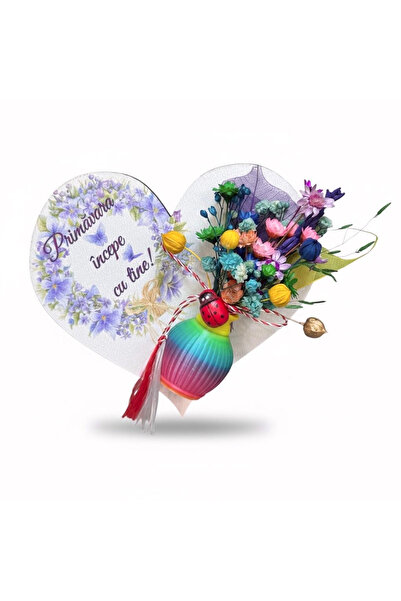 Eventissimi Martisor inima personalizabila, cu mini vaza, flori naturale usca...