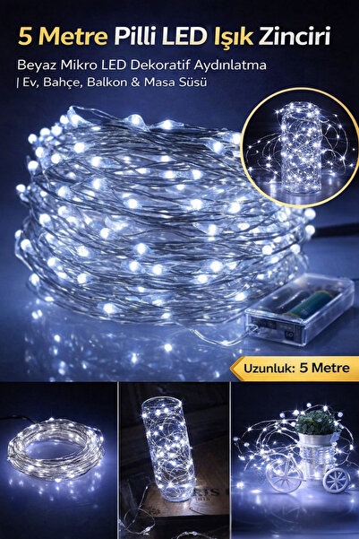 Hane Dostu 5 Metre Pilli LED Işık Zinciri | Beyaz LED Dekoratif Aydınlatma | ...