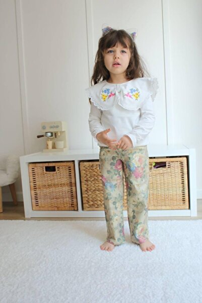 Pantulux Bluză cu guler brodat pentru fetițe, de sezon, cu pantaloni cu impri...