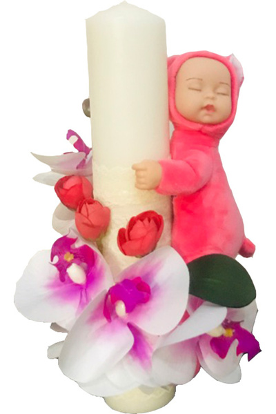 Eventissimi Lumanare Botez - Orhidee si Somnoros, 30 cm, Alb/Roz