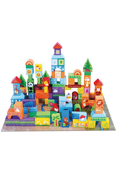 Krista Set de construcție 100 cuburi din lemn - Animale sălbatice