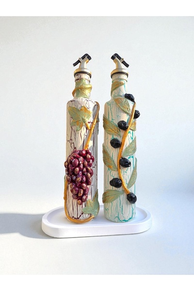 ozbience El Yapımı Kil Kabartma Zeytin & Üzüm Şişeleri, Yağdanlık ve Sosluk Seti