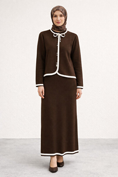 Kirazgym Striped Buttoned Skirted Knitwear Set - Brown