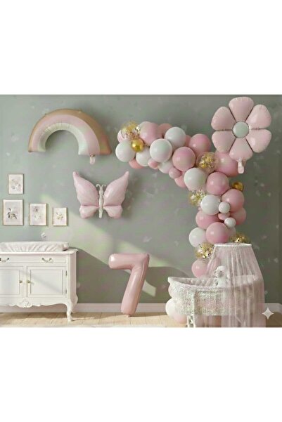 ÇITIPITISTORE Pembe kelebek papatya gökkuşağı rakam golyo balonlu doğum günü ...
