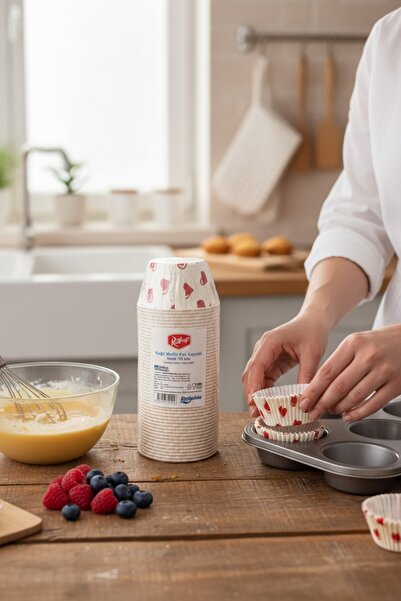Roll-Up Kalpli Kağıt Muffin Ve Kek Kapsülü 50 Adet - Kırmızı Kalp Desenli Piş...