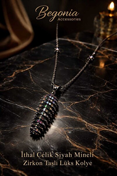 Öte Beri Hayallerin Ötesi Imported Steel Black Enamel Necklace Chain Set with...