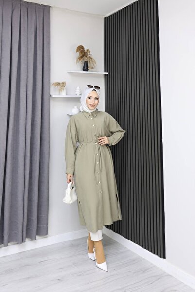 ANBLYs COLLECTION GÖMLEK YAKA DÜĞMELİ TENSEL KUMAŞ YANLARI YIRTMAÇLI KADIN TU...