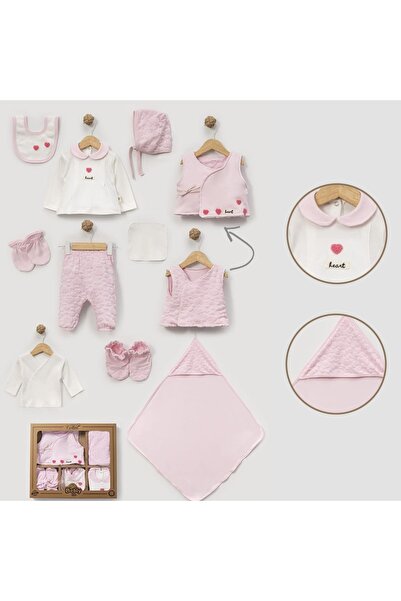 BEBLY Kız Bebek Jakar Havlu Kalpli Penye 10 Parça Hastane Çıkışı Zıbın Seti