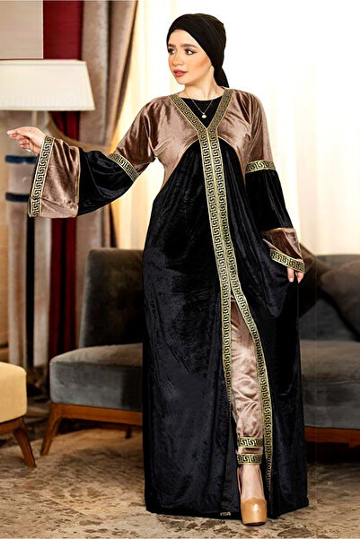 AsrymShop Lightweight velvet winter abaya with black pants